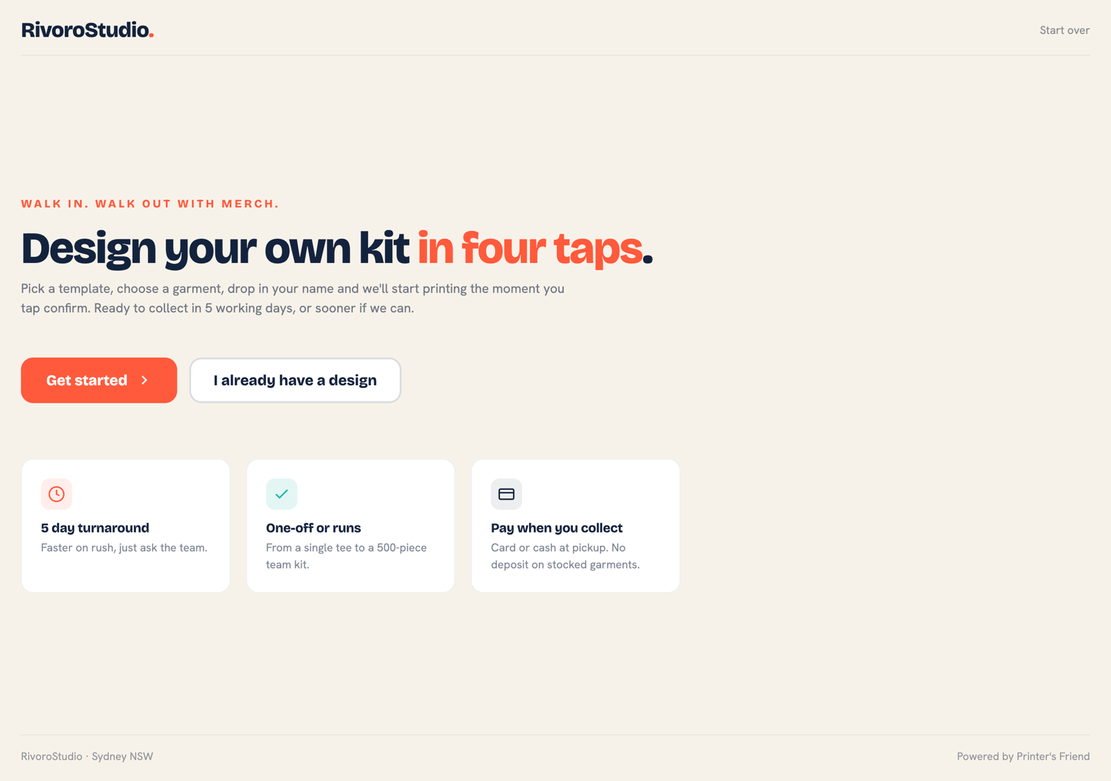 In-store iPad kiosk welcome screen inviting a walk-in customer to design their own kit in four taps