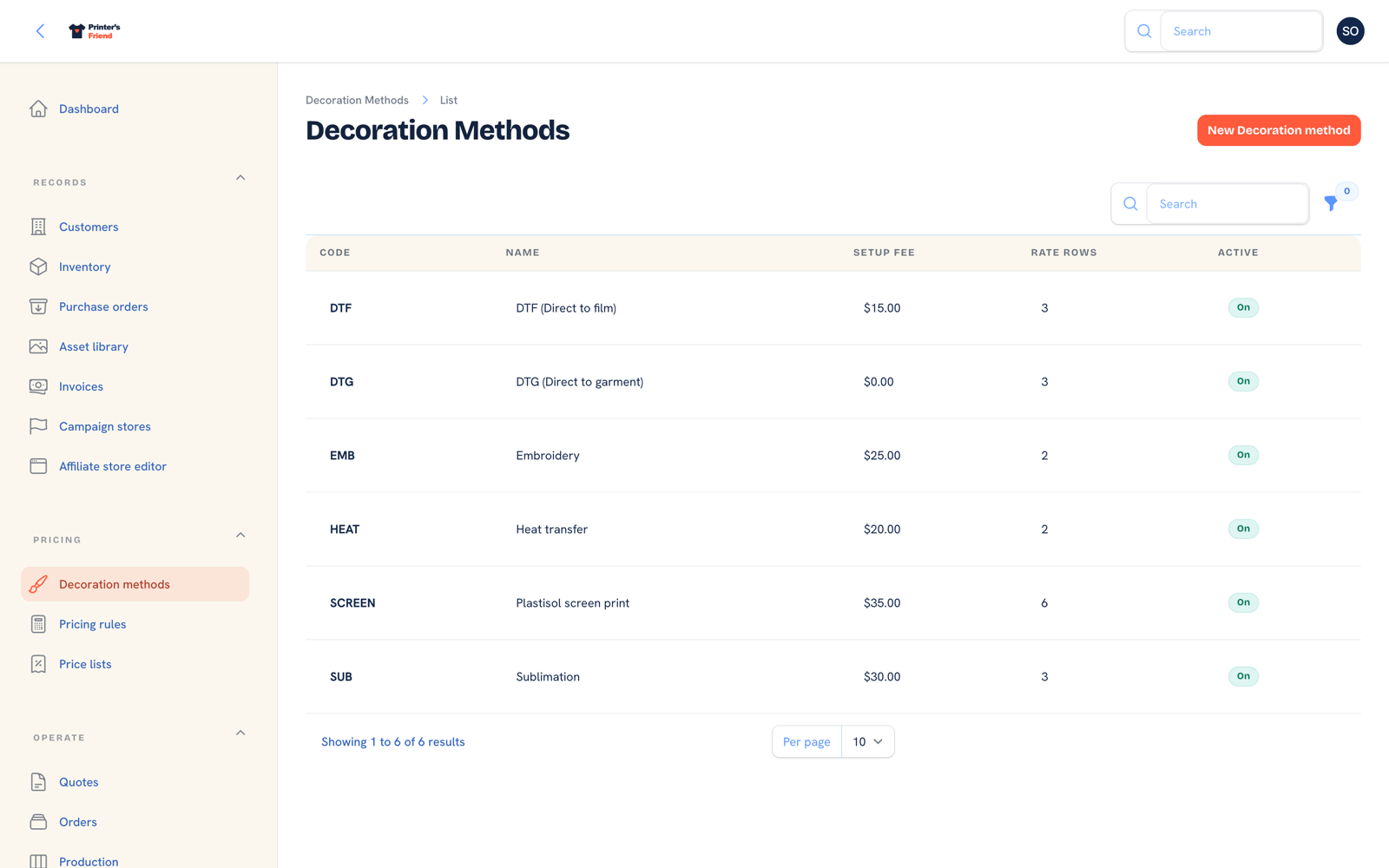Decoration methods screen listing screen print, DTG, DTF and embroidery with their own pricing models