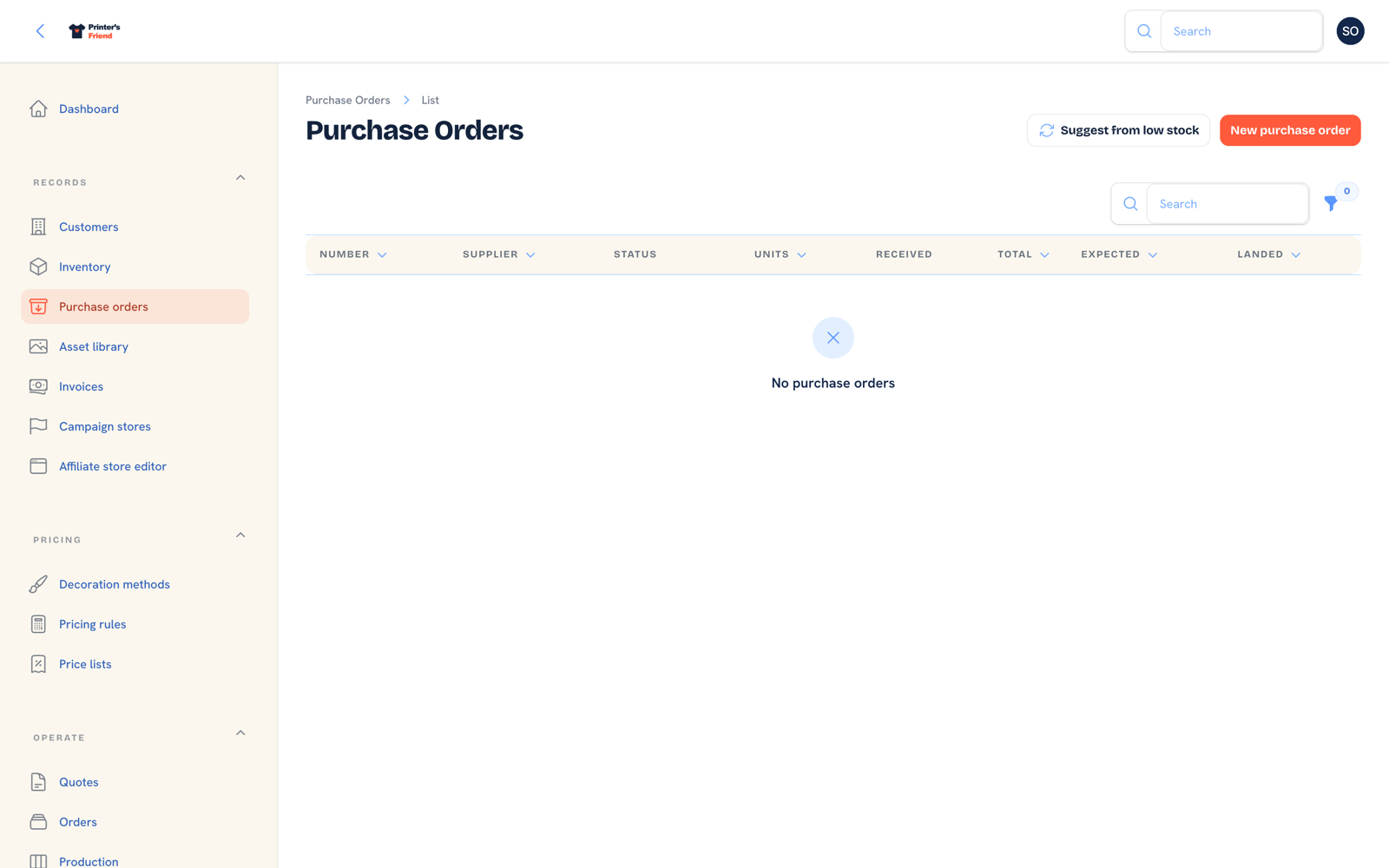 Purchase orders screen listing supplier orders with quantities and expected dates